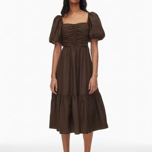 Wilfred Brown Ruched Puff Sleeve Midi Dress